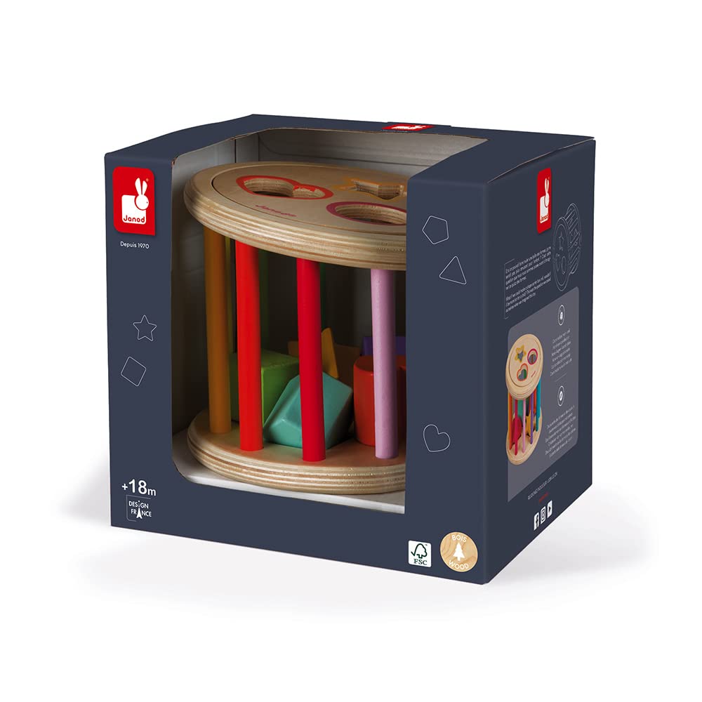 Janod I Wood 6-Piece Shape Sorter Drum for Toddlers