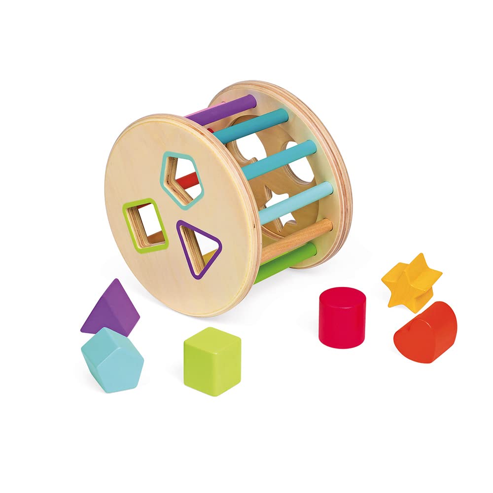 Janod I Wood 6-Piece Shape Sorter Drum for Toddlers
