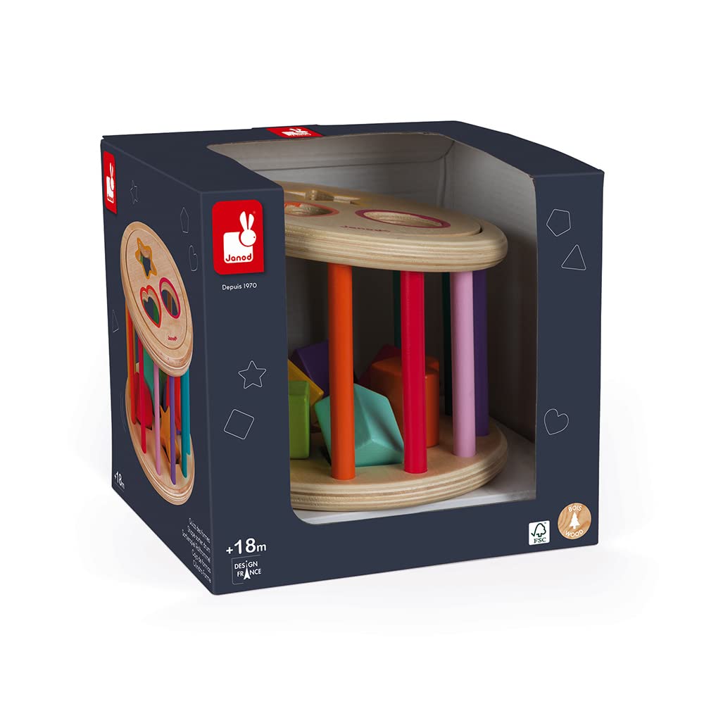 Janod I Wood 6-Piece Shape Sorter Drum for Toddlers