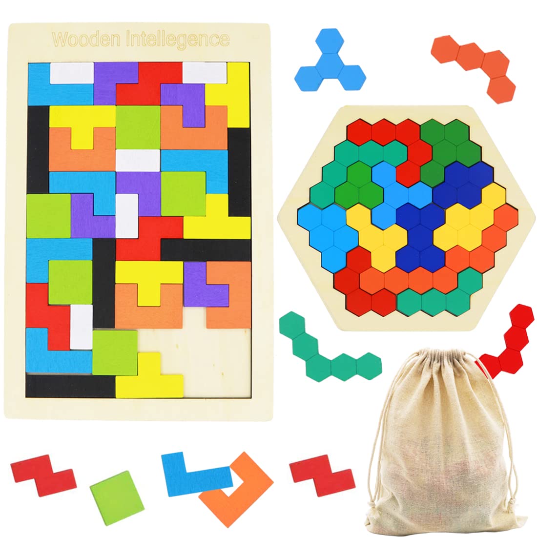 2-Pack Wooden Russian Blocks & Hexagon Brain Teaser Puzzles