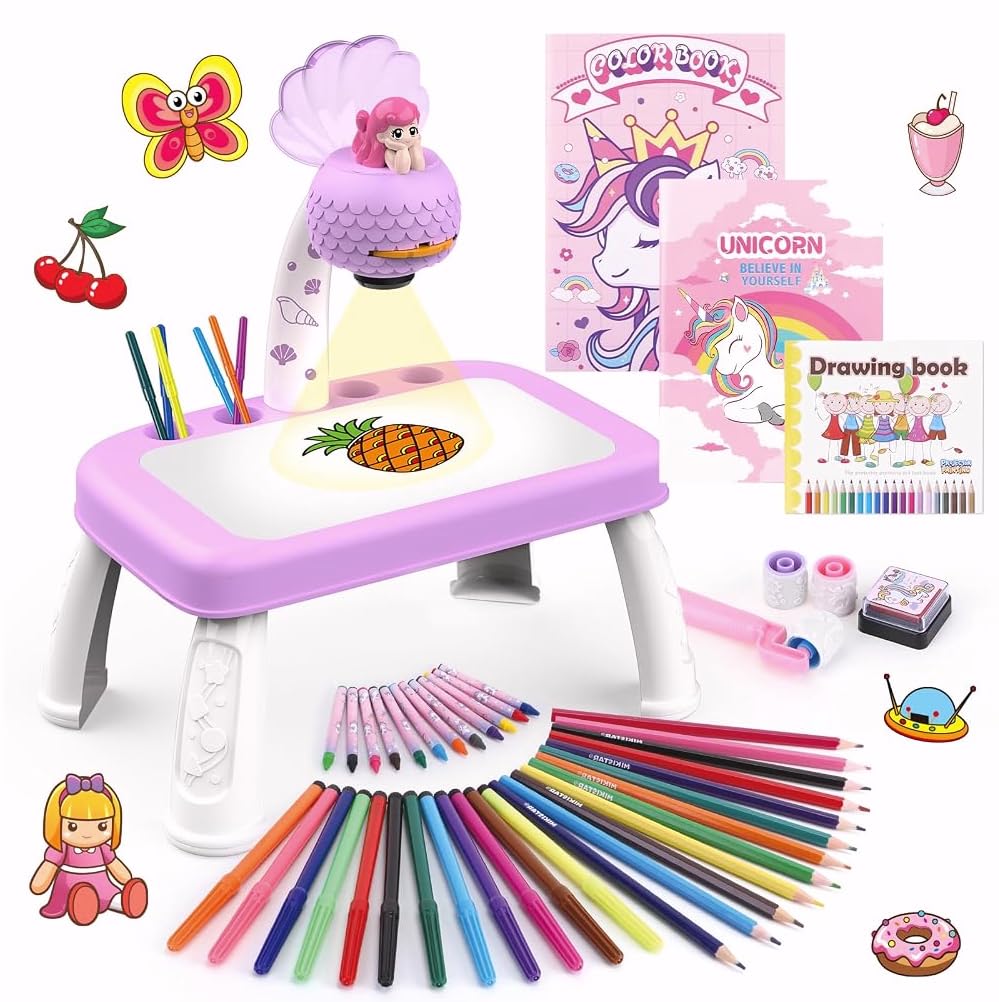 Unicorn Drawing Projector Table Set with Art Supplies for Kids