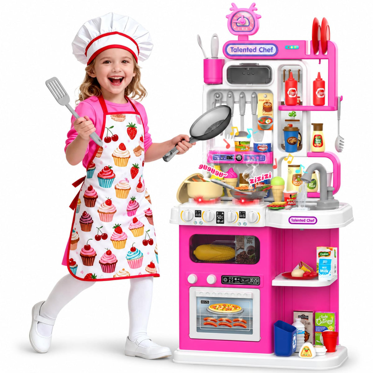 Kids’ Interactive Play Kitchen Set with Steam, Lights & Sounds