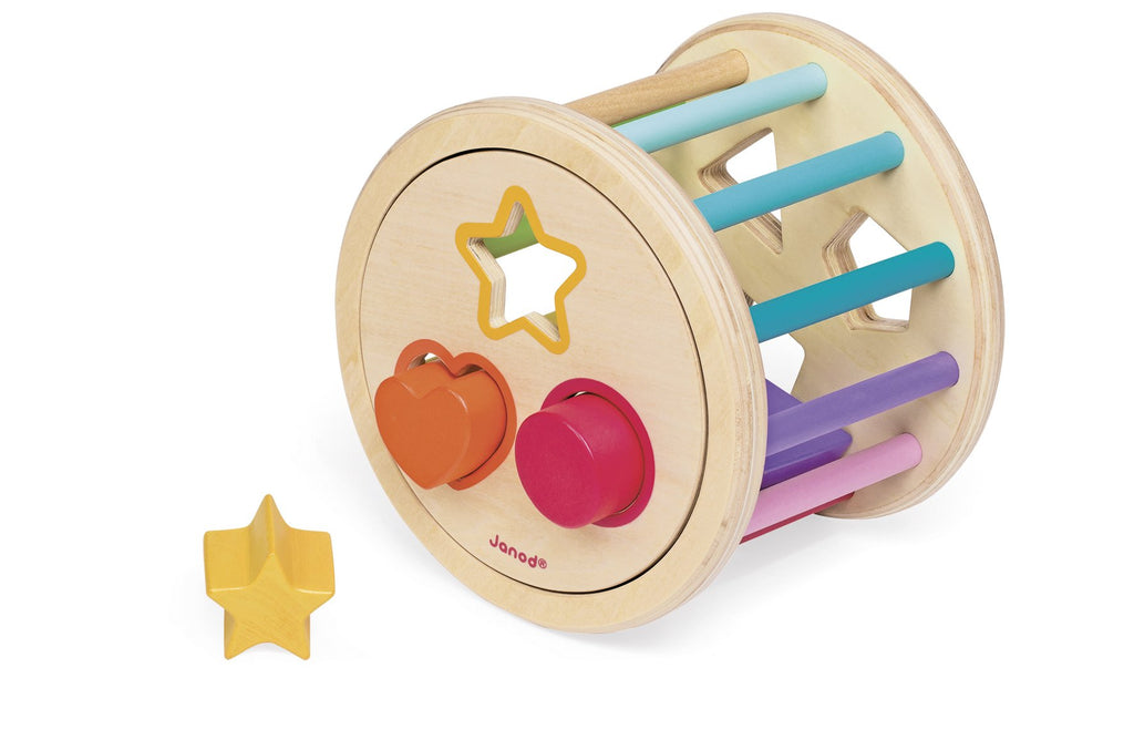 Janod I Wood 6-Piece Shape Sorter Drum for Toddlers