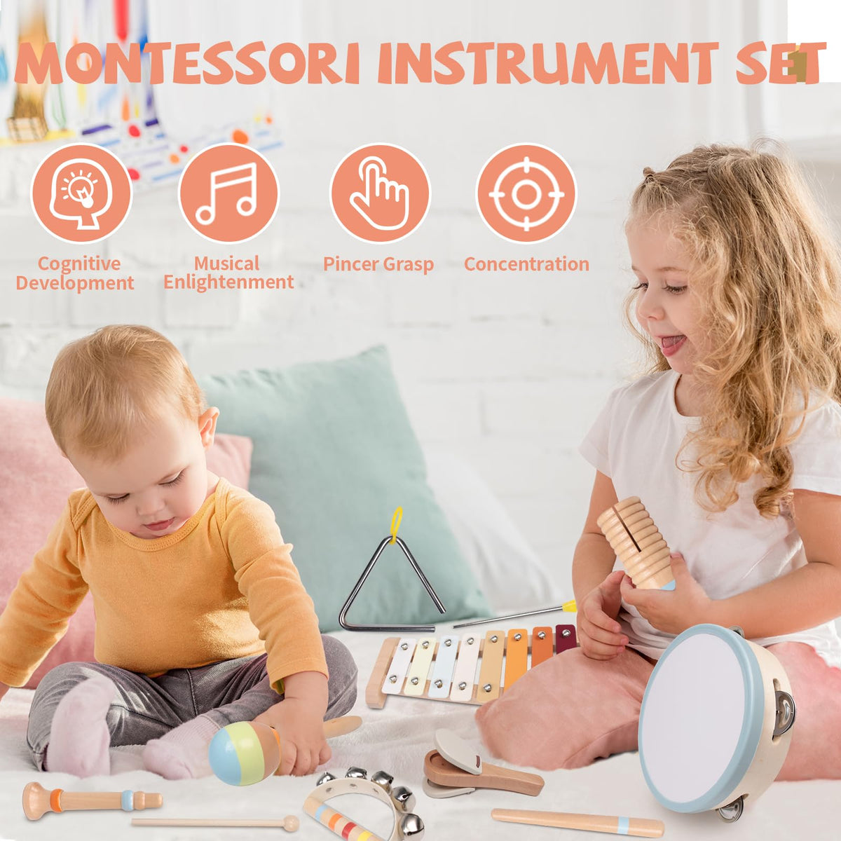 YHHYTOY Montessori Wooden Musical Instrument Set for Toddlers
