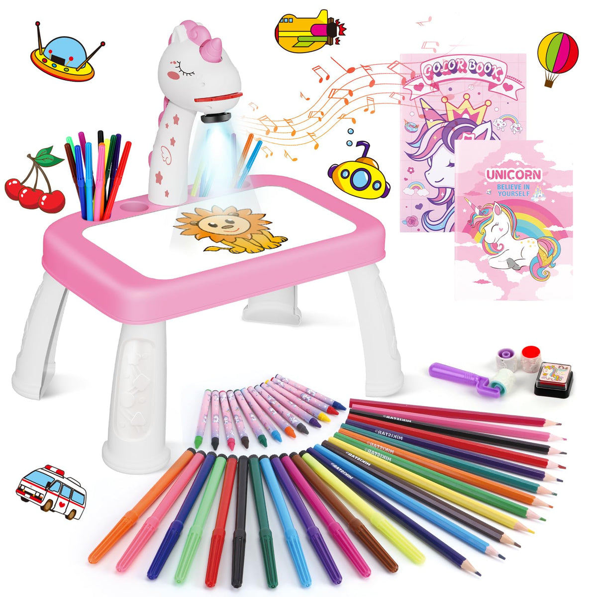 Unicorn Drawing Projector Table Set with Art Supplies for Kids