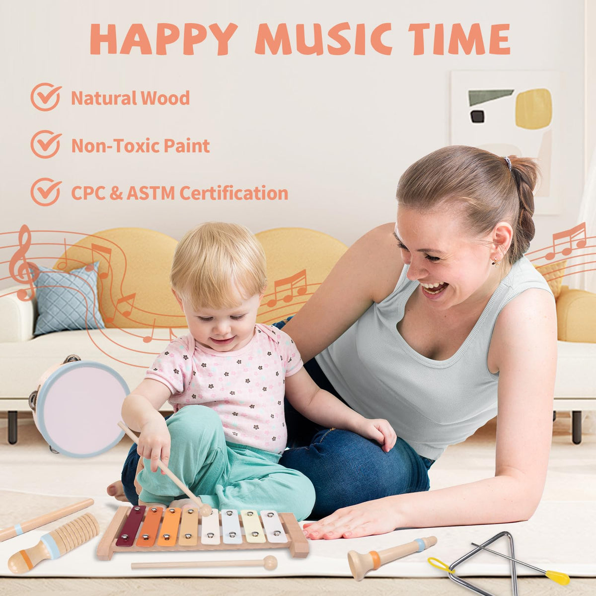 YHHYTOY Montessori Wooden Musical Instrument Set for Toddlers