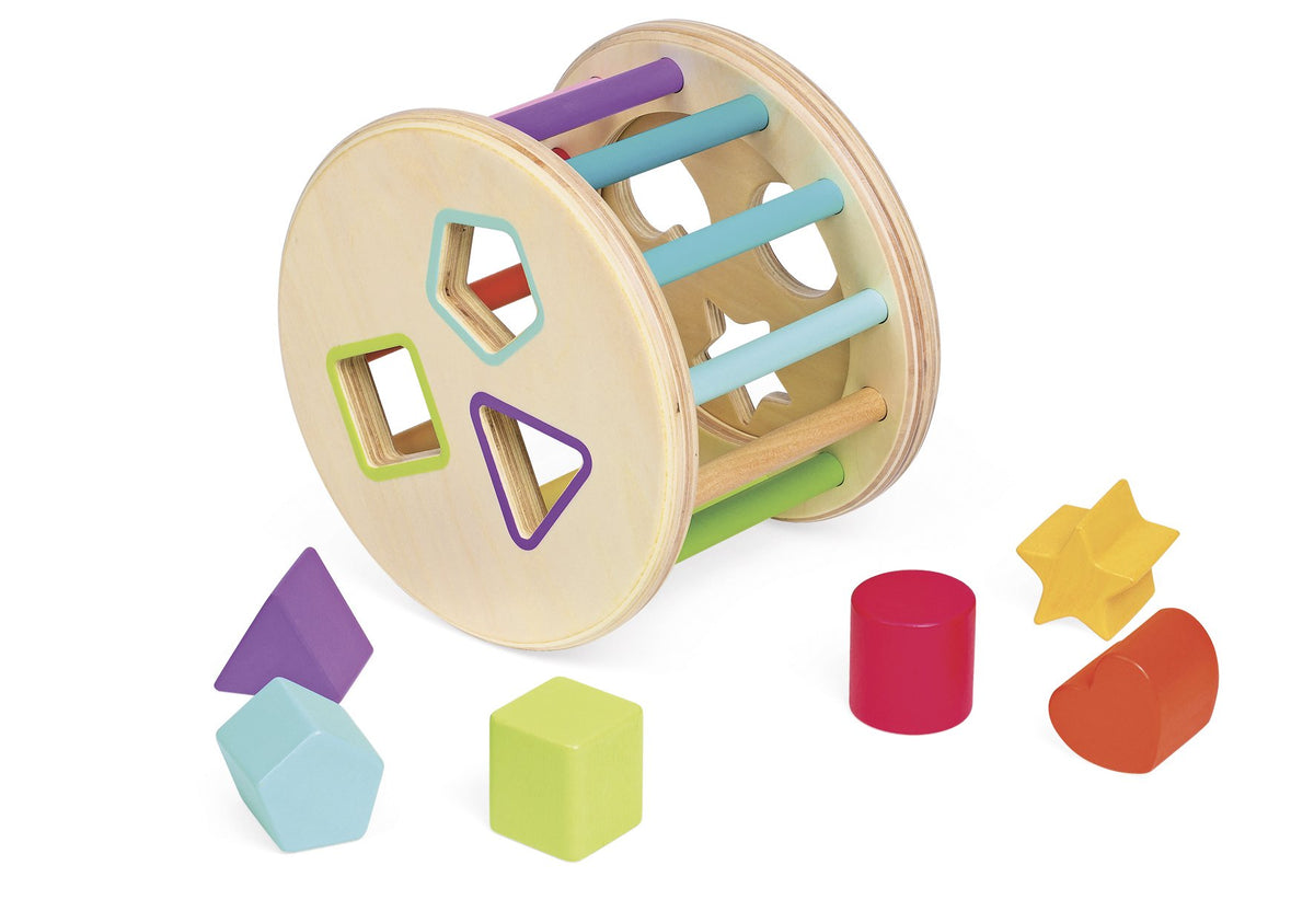 Janod I Wood 6-Piece Shape Sorter Drum for Toddlers