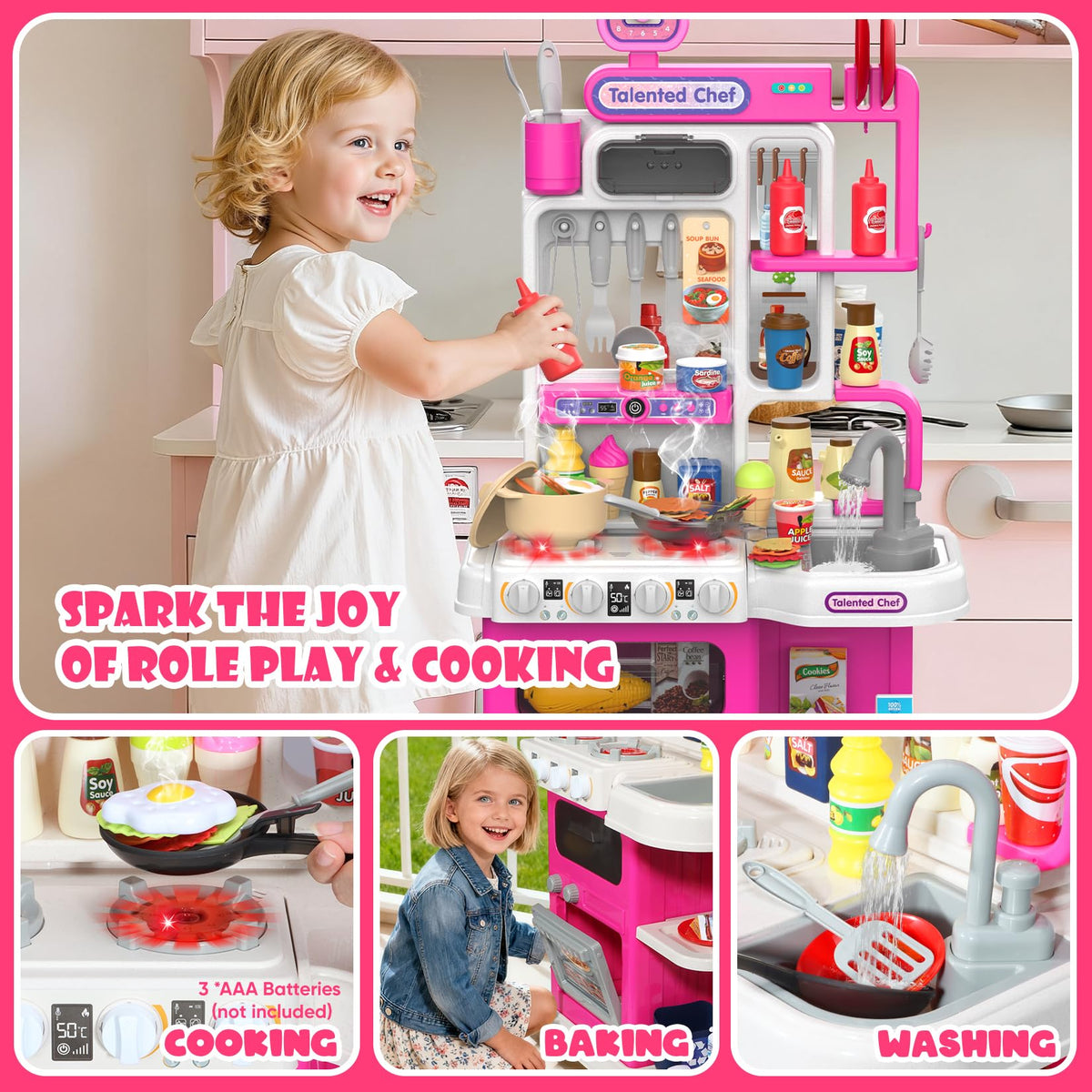 Kids’ Interactive Play Kitchen Set with Steam, Lights & Sounds