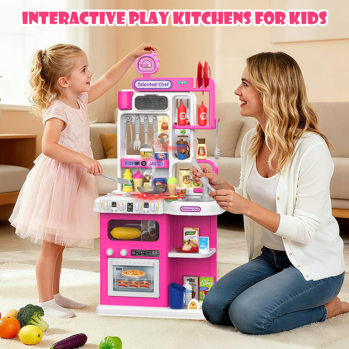Kids’ Interactive Play Kitchen Set with Steam, Lights & Sounds