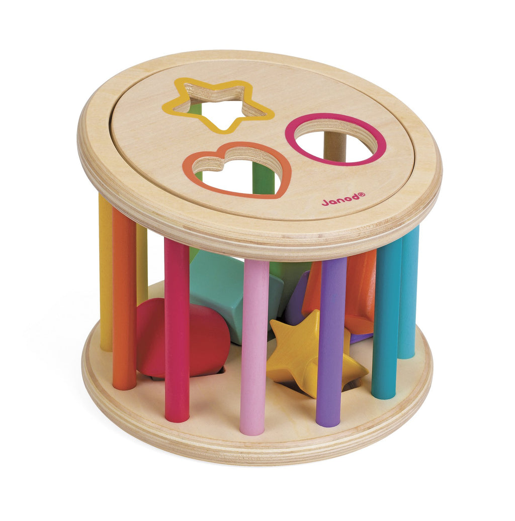 Janod I Wood 6-Piece Shape Sorter Drum for Toddlers