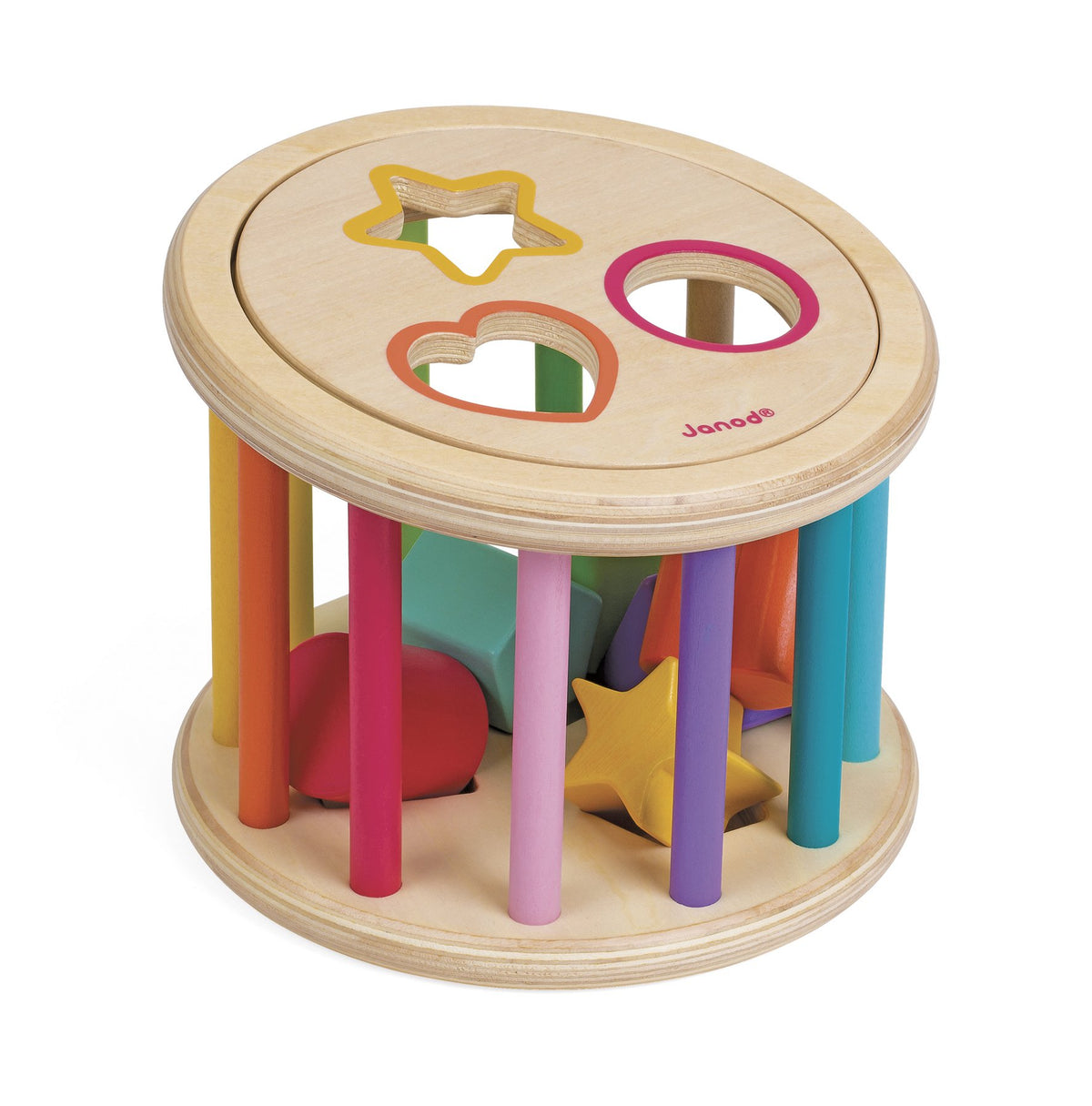 Janod I Wood 6-Piece Shape Sorter Drum for Toddlers