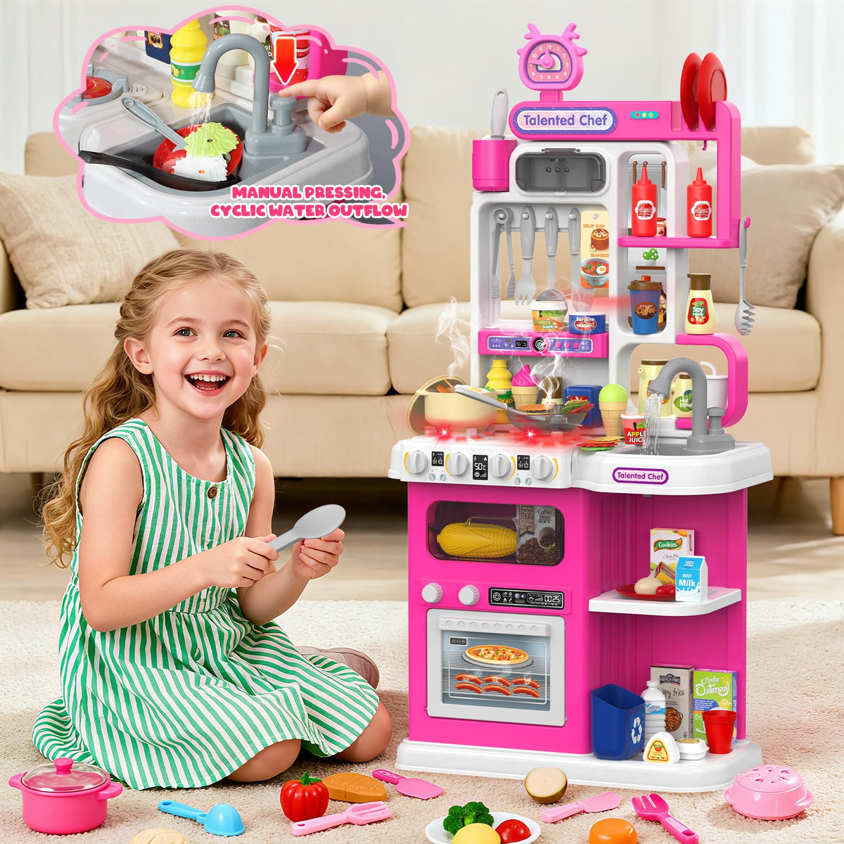 Kids’ Interactive Play Kitchen Set with Steam, Lights & Sounds