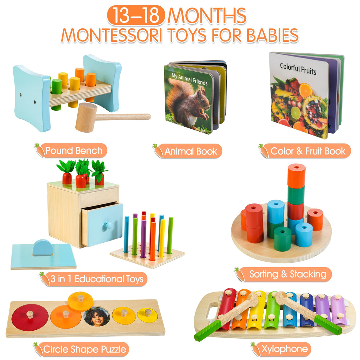 WOODMAM Montessori Learning Toys for Babies, 6–18 Months